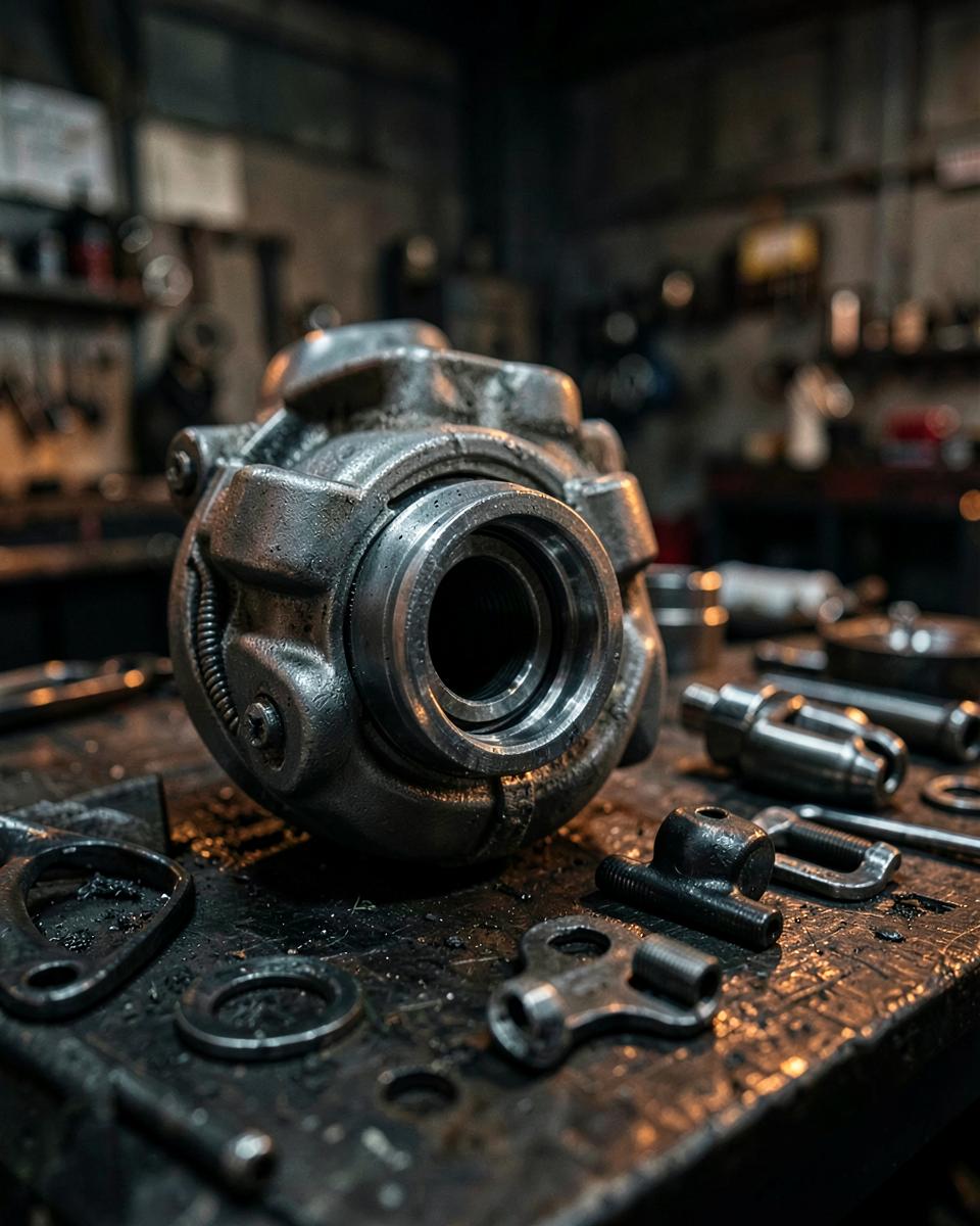 Turbina e componentes de motor diesel em bancada de oficina